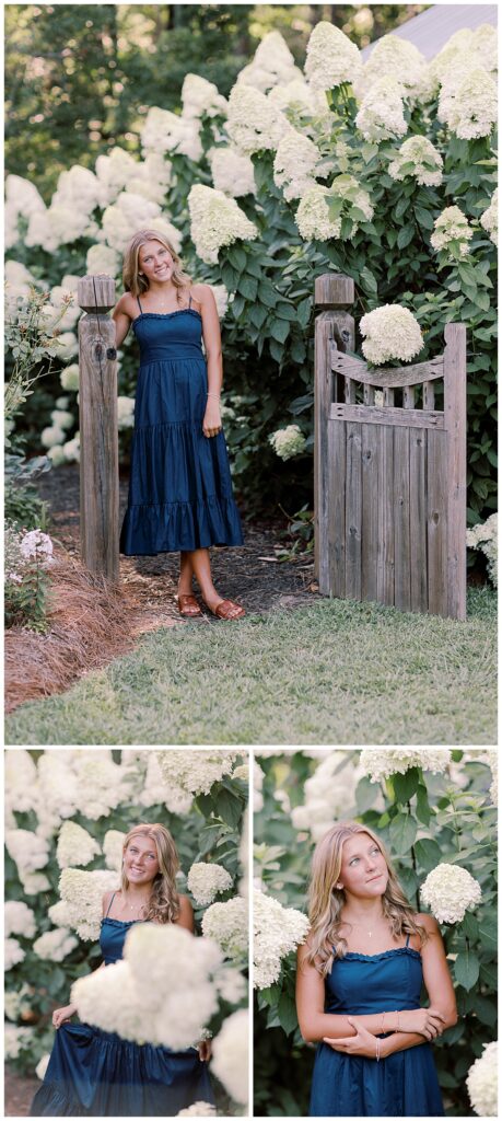 Daughter walking through hydrangeas at golden hour