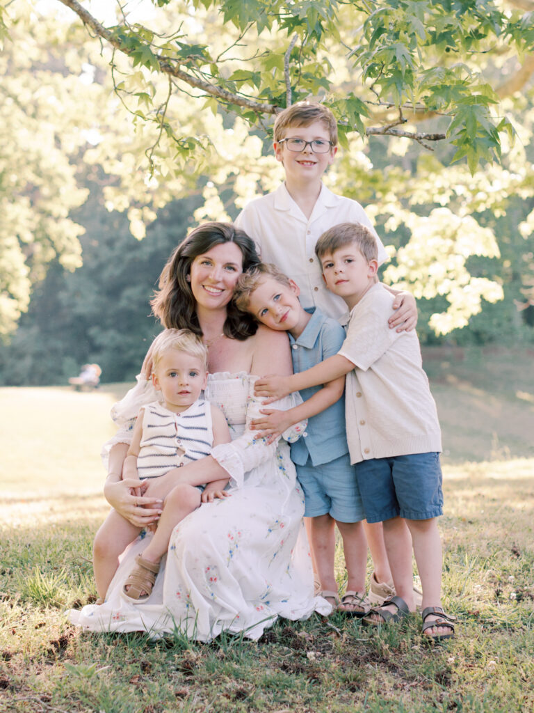 Mother wearing client closet Dôen dress during Dallas GA family photos