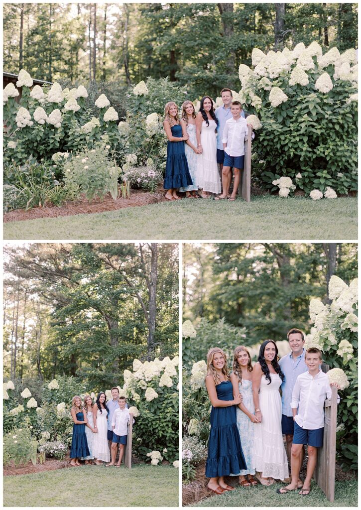 Three-photo collage of a family of five posing together among white Limelight hydrangeas.