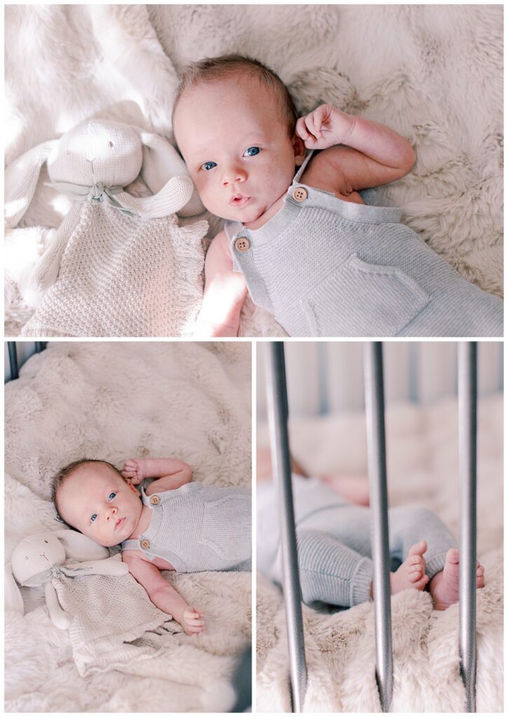 Newborn baby Wyatt lying on a neutral blanket during a relaxed lifestyle newborn session at home.