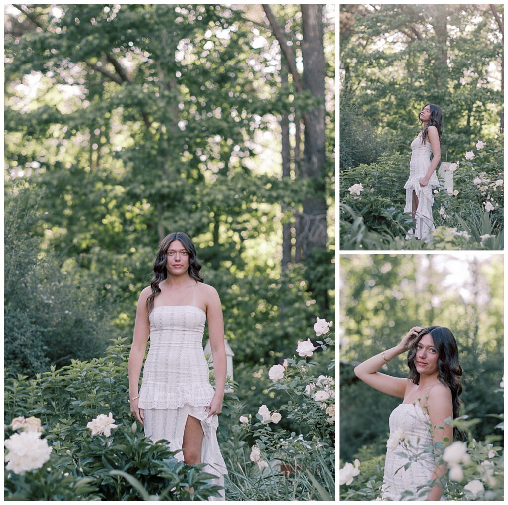 Three-photo collage of a senior in white outfits posing in the gardens at The McGarity House.