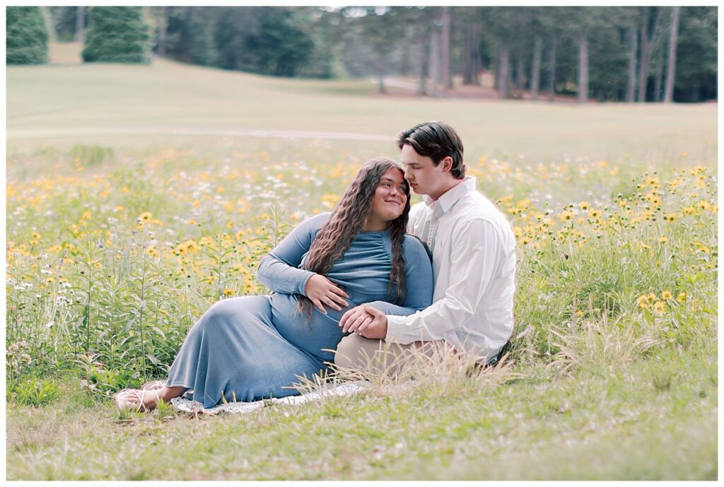 Close portrait of expecting parents during a summer maternity session near Dallas and Villa Rica, Georgia.