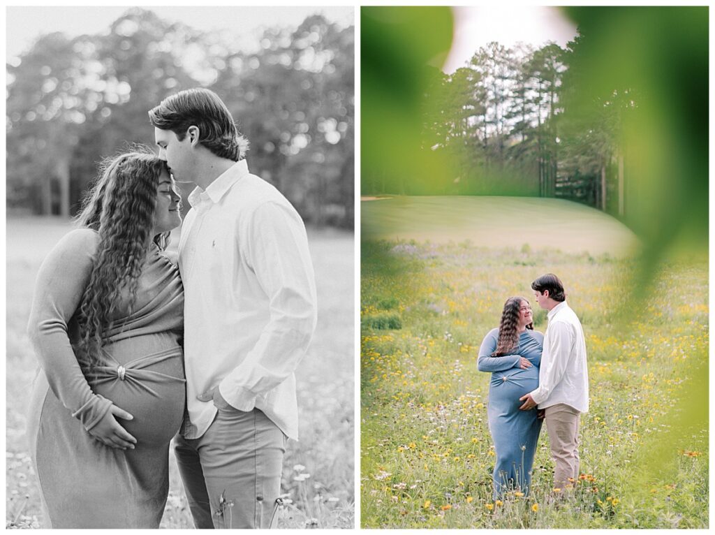 Black and white maternity portrait of expecting parents during their Fairfield Plantation session.