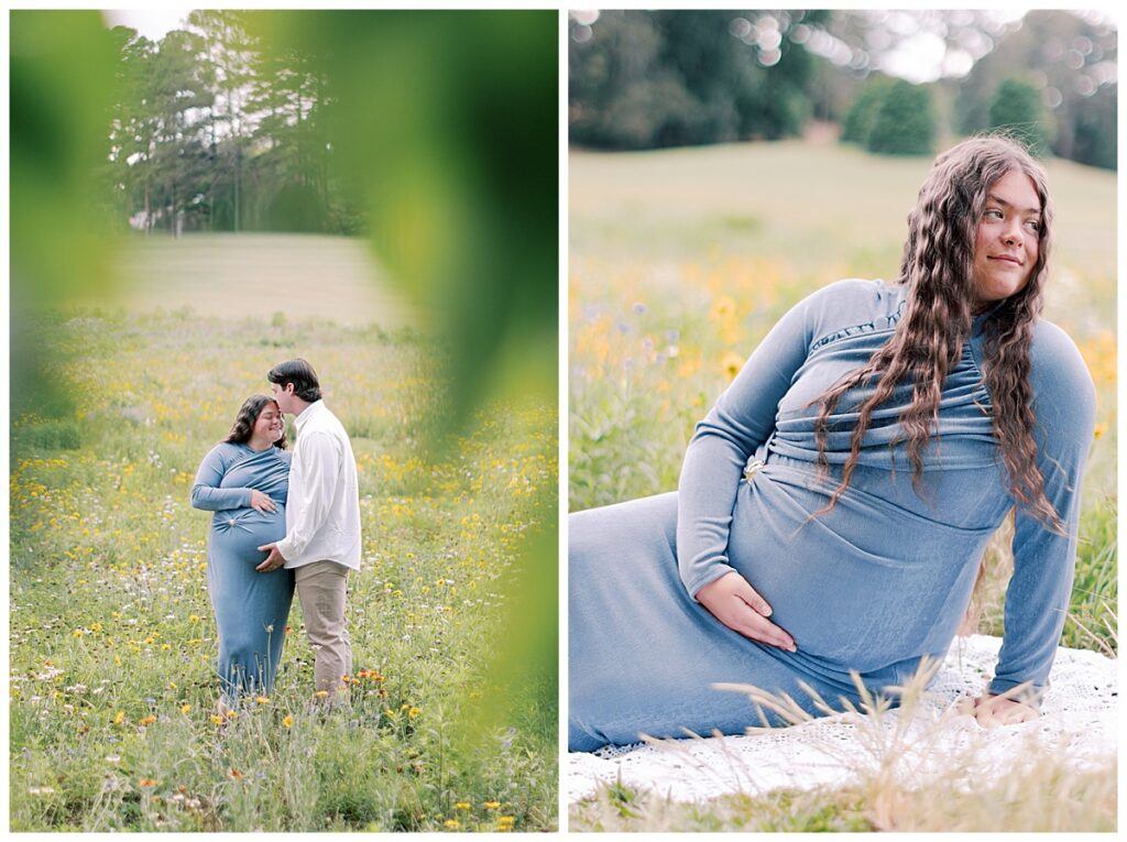 Close maternity portrait of expecting parents holding hands and resting hands on baby bump.