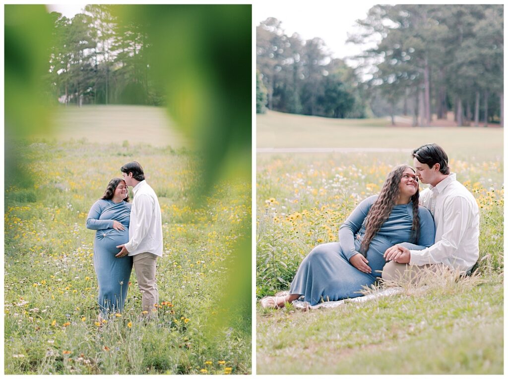 Couple holding hands in a wildflower field during a soft maternity session in Villa Rica, Georgia.