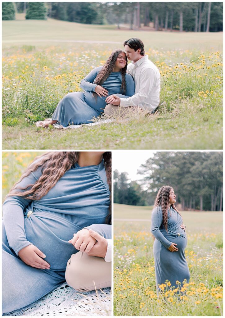 Adara and Grayson sitting together in a wildflower field during their Fairfield Plantation maternity session in Villa Rica, Georgia.