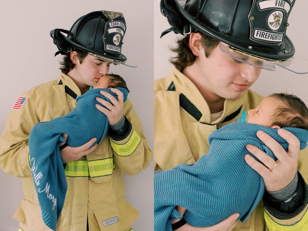 Wells resting on his father’s firefighter gear during his newborn session