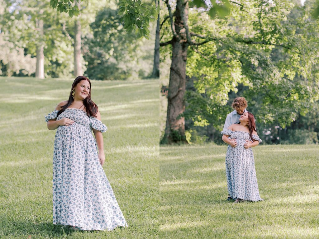 Abby wearing a blue floral maternity dress during portraits with Braedan at White Oak Park.